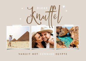 Vakantiekaart zandkleur dikke knuffel hartjes fotocollage