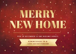 Verhuis kerstkaart Merry New Home rood met sterren