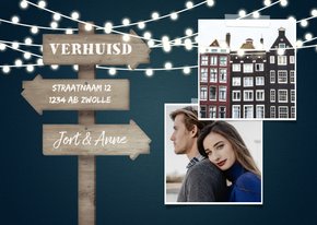 Verhuiskaart 2 foto's met lampjes en wegwijzerbord huisjes