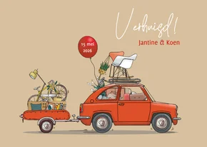 Verhuiskaart eendje met aanhangwagen