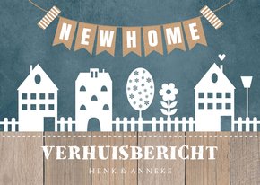 Verhuiskaart 'new home" huisjes blauw slinger