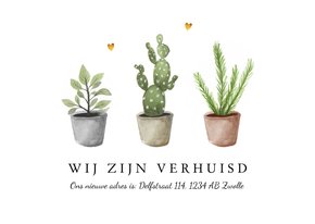 Verhuiskaart nieuw adres met plantjes en gouden hartjes