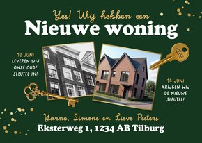 Verhuiskaart nieuwe woning oud nieuw sleutel foto's goud