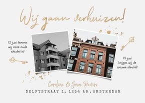 Verhuiskaart oude en nieuwe huis sleutel goud verhuizen