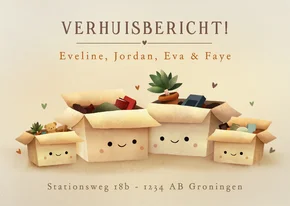 Verhuiskaart voor gezin met 4 verhuisdozen met gezichtjes