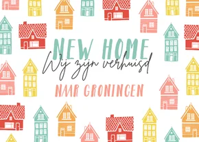 Verhuiskaart vrolijk kleurrijk huisjes new home