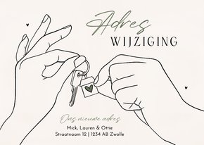 Verhuiskaartje lijntekening handen sleutels adreswijziging