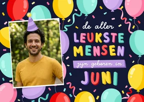Verjaardagskaart - jarig in juni met foto en confetti