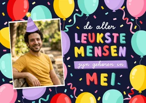 Verjaardagskaart jarig in mei met foto en confetti