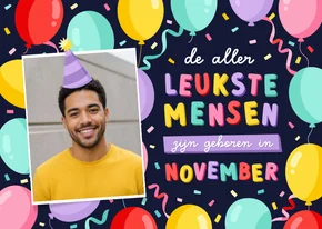 Verjaardagskaart jarig in november met ballonnen en foto