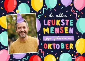 Verjaardagskaart jarig in oktober met ballonnen en foto