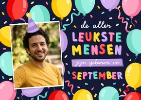 Verjaardagskaart jarig in september met ballonnen en foto