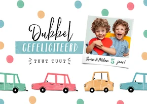 Verjaardagskaart kind auto's confetti tweeling