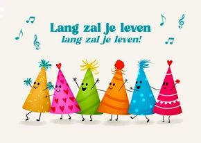 Verjaardagskaart met feesthoedjes die de polonaise dansen