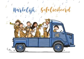 Verjaardagskaart pickup blauw met orkest