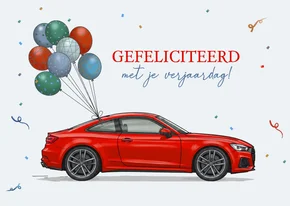 Verjaardagskaart rode auto met ballonnen