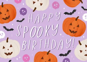 Verjaardagskaart spooky birthday pompoen vleermuis schedel