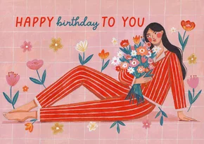 Verjaardagskaart vrouw bloemen illustratie modern stijlvol