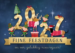 Vrolijke 2027 kerstkaart met illustratie van lieve diertjes
