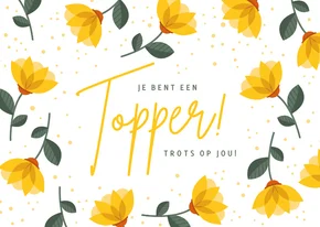 Vrolijke felicitatiekaart geslaagd kaart met gele bloemen