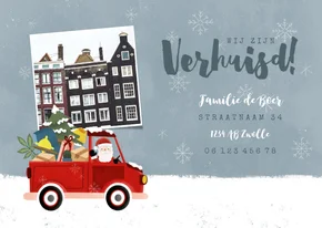 Vrolijke kerst-verhuiskaart kerstman in pickup en foto