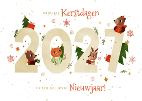 Vrolijke kerstkaart dieren met cadeautjes 2027 wit