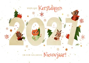 Vrolijke kerstkaart dieren met cadeautjes 2027 wit