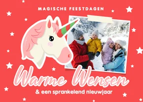 Vrolijke kerstkaart met emoji eenhoorn en foto