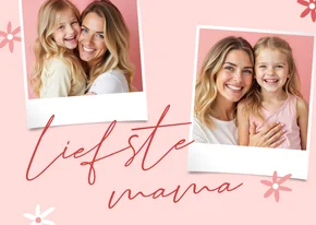 Vrolijke moederdagkaart twee foto's en bloemetjes roze