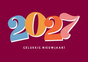 Vrolijke paarse nieuwjaarskaart met gekleurd jaartal