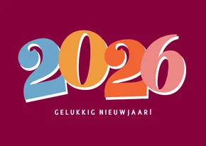 Vrolijke paarse nieuwjaarskaart met gekleurd jaartal