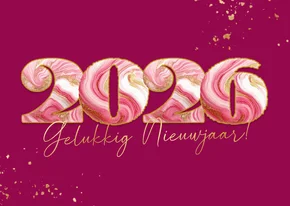 Vrolijke roze nieuwjaarskaart met gemarmerd jaartal