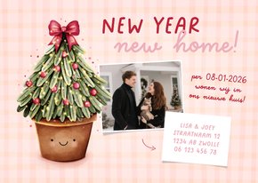 Vrolijke verhuiskaart met kerstboom en foto