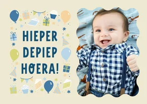 Vrolijke verjaardagskaart hieperdepiep blauw met foto