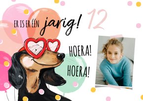Vrolijke verjaardagskaart met hond, ballonnen en confetti