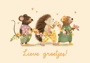 Vrolijke wenskaart dieren die een lijn van bloemen dragen