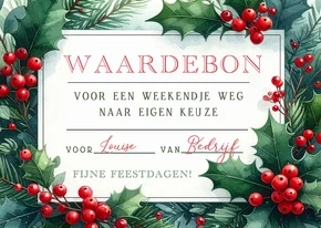 Waardebon in kerstsfeer met hulst besjes en takjes