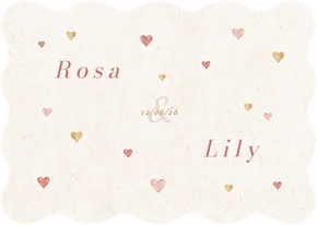 Wave geboortekaartje tweeling hartjes beige roze lief