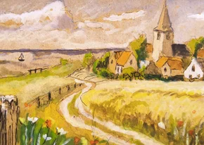 Wenskaart geschilderd landschap met dorpje