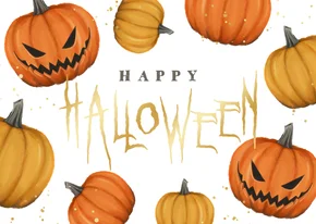 Wenskaart Happy Halloween pompoenen griezelig goud