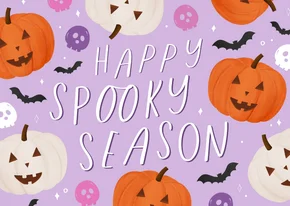 Wenskaart happy spooky season Halloween pompoen vleermuis