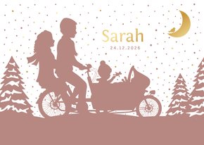 Winters geboortekaartje silhouet broer en zusje in bakfiets