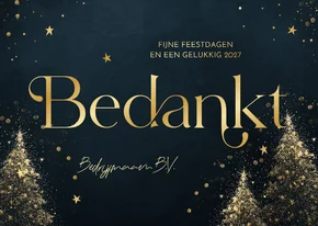 Zakelijke kerstkaart bedankt blauw met gouden kerstbomen