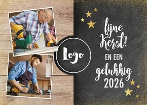 Zakelijke kerstkaart met hout, krijtbord, foto's en logo
