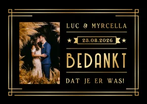 Zwarte bedankkaart trouwen in art-deco stijl met goudfolie