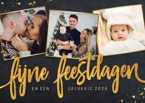 Zwarte fotokaart voor kerst met 3 eigen foto's en goud
