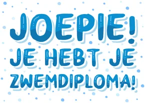 Zwemdiploma kaartje blauwe letters met bellen