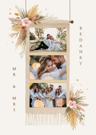 Bedankkaart trouwen bohemian bloemen gras fotocollage
