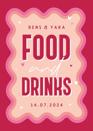 Food and drinks menukaart bruiloft retro groovy roze