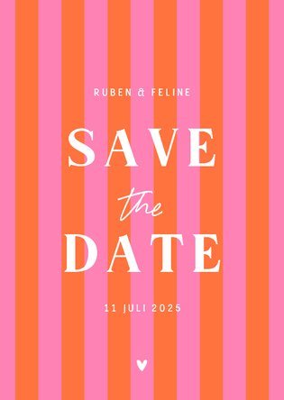 Hip en trendy save the date hartje gestreept oranje roze